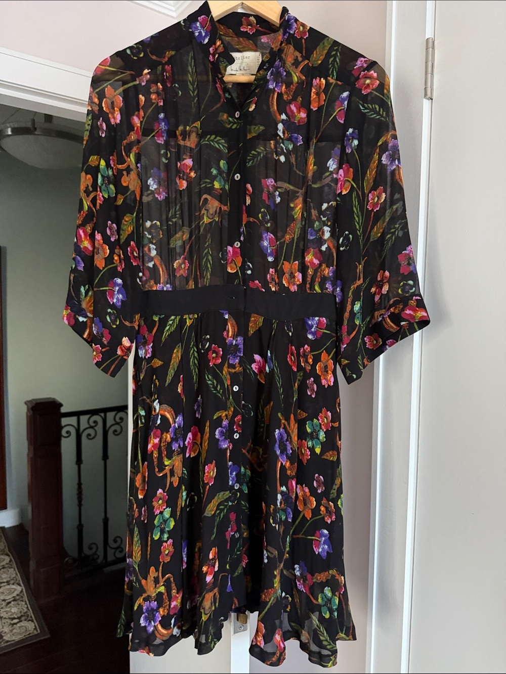Nicole Miller artelier Black Floral Mini Dress with Multicolor Blooms size P